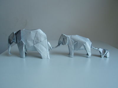 Eléphants de NGuyen Hung Cuong, Satoshi Kamiya et Stephan Weber
Soie métalisée de 30, 20 et 10 cm
