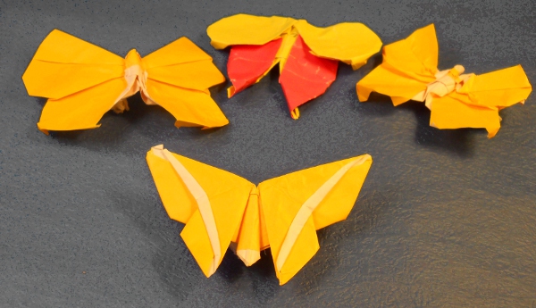 Essais de papillons sur la base de l'armoire
Pliés dans du papier origami bicolore de 15x15
