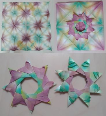 Variations du modulaire Stern Saya de Carmen Sprung
Papier teint, et deux modulaires obtenu en utilisant des pointes différentes comme référence
